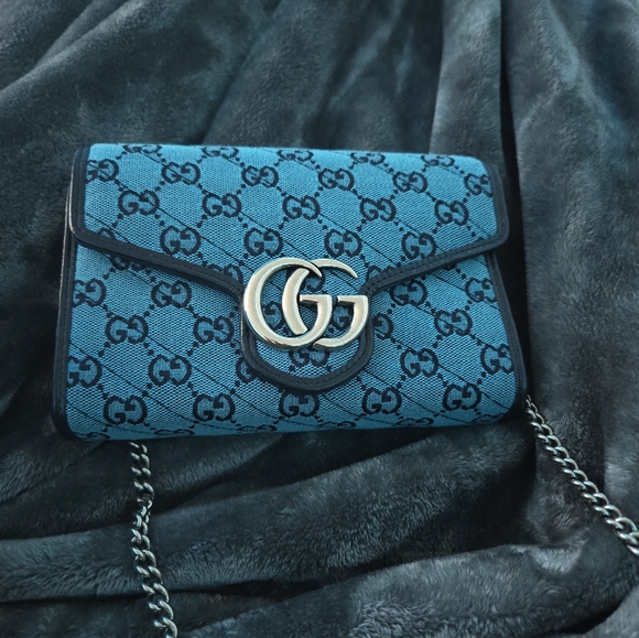Gucci Blue Canvas GG Marmont Shoulder Bag Mini, Blue - Picture 2 of 7